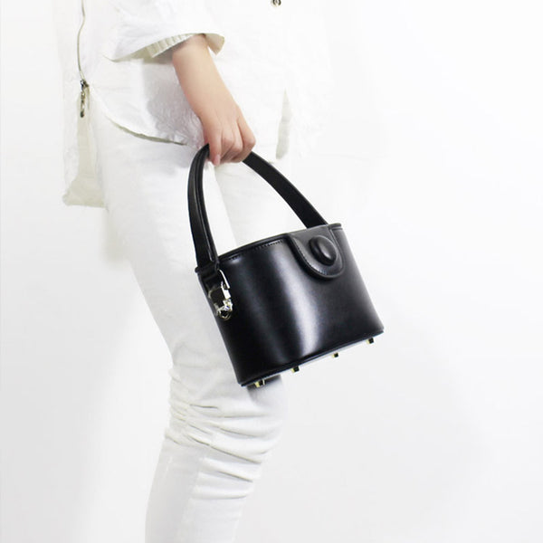 Handmade Leather Handbag Crossbody Shoulder Round Bag Purse Clutch Women black
