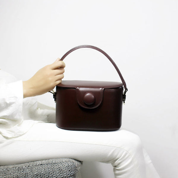 Handmade Leather Handbag Crossbody Shoulder Round Bag Purse Clutch Women drak brown