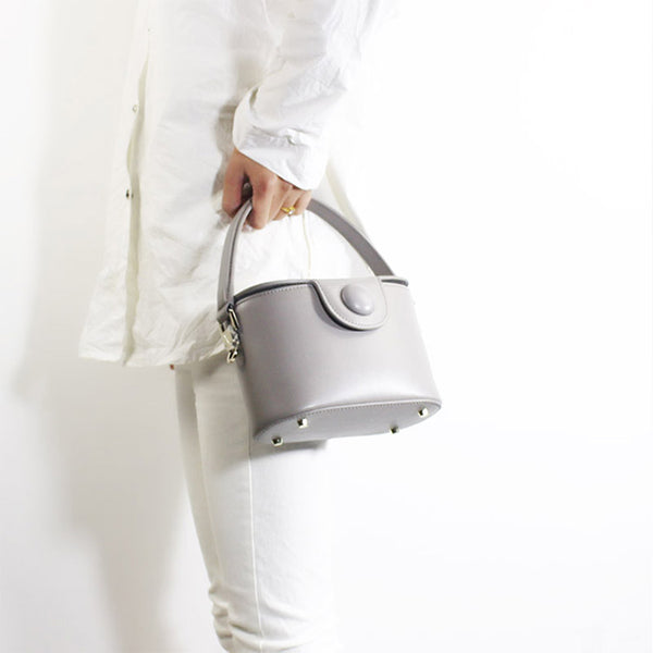 Handmade Leather Handbag Crossbody Shoulder Round Bag Purse Clutch Women grey