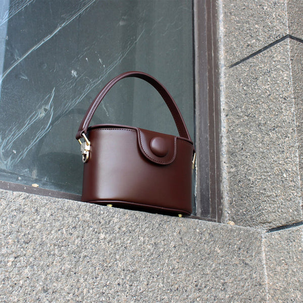 Handmade-Leather-Handbag Crossbody Shoulder Round Bag Purse Clutch Women