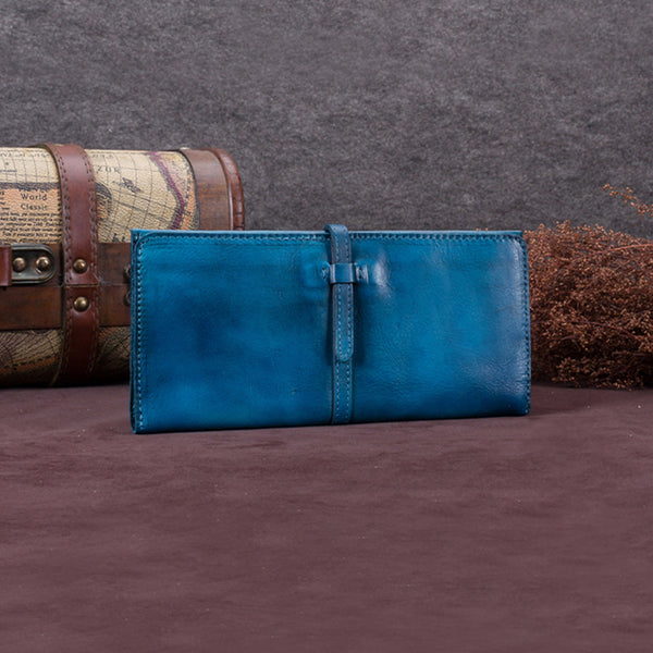 Handmade Leather Long Wallet Clutch Accessories Gift Women Blue