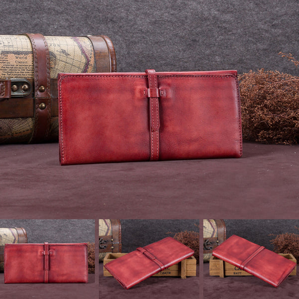Handmade Leather Long Wallet Clutch Accessories Gift Women red detail