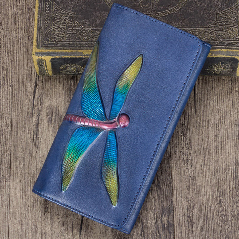 KIMINII Slim Wallets for Women Embossed Dragonfly Handmade Leather Wallet  Cellphone Clutch Holder Purse 9630 (Blue) : : Fashion