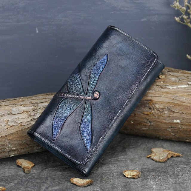 Handmade Leather Long Wallet Purse Clutch Accessories Women Blue