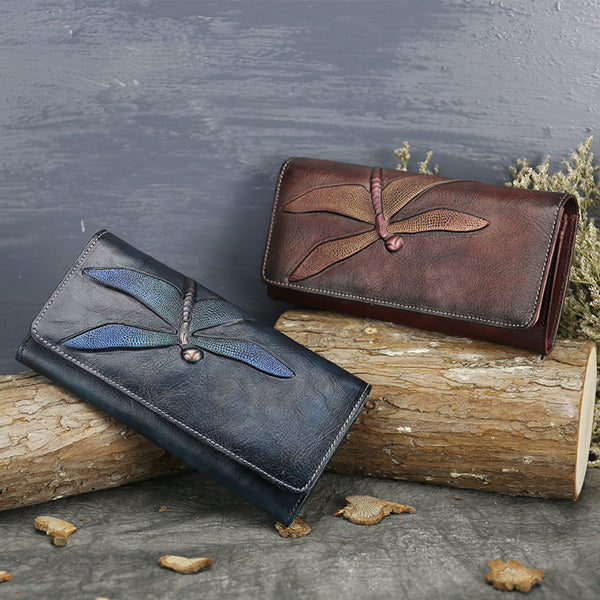 Womens Leather Wallet Purse Dragonfly Pattern Clutch Wallets for Women
