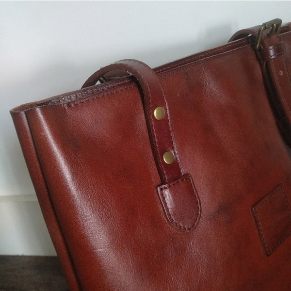 Handmade Womens Brown Leather Tote Bag Handbags Shoulder Bag Details