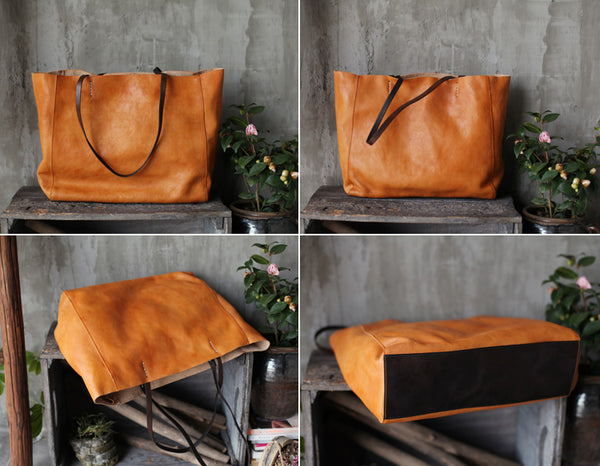 Handmade Womens Brown Leather Tote Bag Handbags Shoulder Bag for Women Boutique