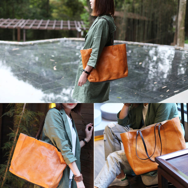 Handmade Womens Brown Leather Tote Bag Handbags Shoulder Bag for Women Details