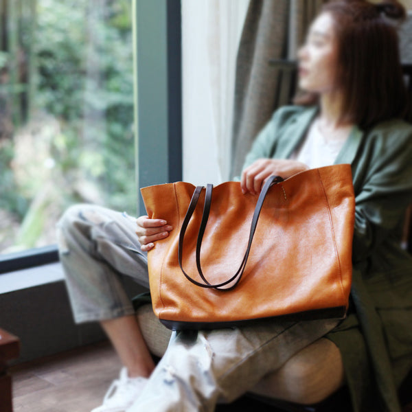 Handmade Womens Brown Leather Tote Bags Handbags Shoulder Tote Bag for Women