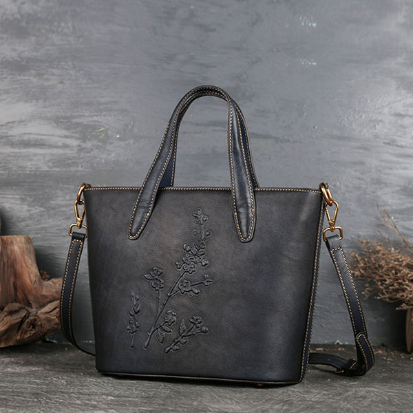 Handmade Womens Embossed Leather Tote Bag Shoulder Handbags For Women Black