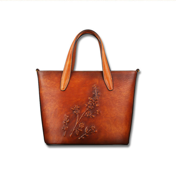 Handmade Womens Embossed Leather Tote Bag Shoulder Handbags For Women Brown