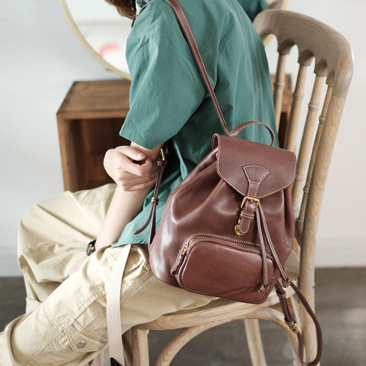 asian backpack leather flap Handmade Womens Real Leather Flap Backpack Purse Leather Knapsack for Women