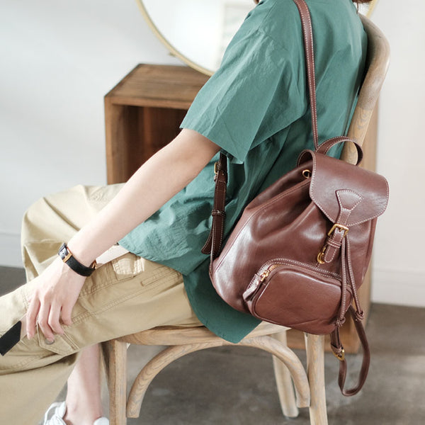 Handmade Womens Real Leather Flap Backpack Purse Leather Knapsack for Women Beautiful