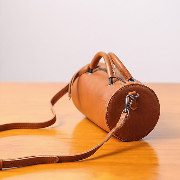Handmade Womens Small Leather Barrel Bag Crossbody Bags Purses for Women Brown