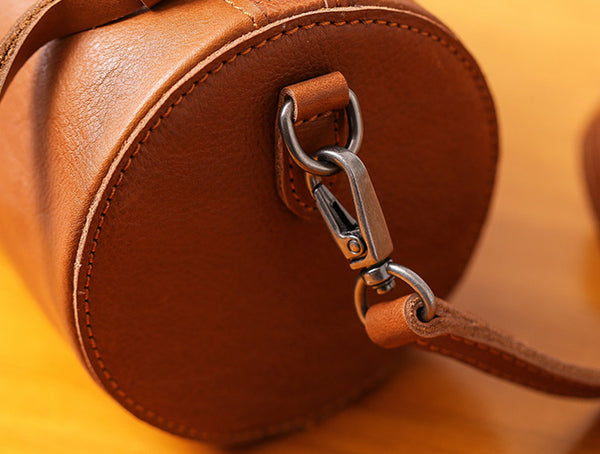 Handmade Womens Small Leather Barrel Bag Crossbody Bags Purses for Women Details