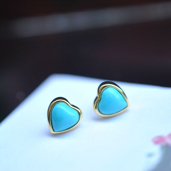 Heart Turquoise Stud Earrings Gold Silver Gemstone Jewelry Accessories Women cute