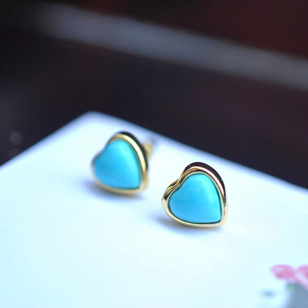 Heart Turquoise Stud Earrings Gold Silver Gemstone Jewelry Accessories Women
