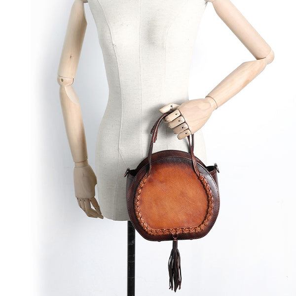 Hobo Leather Womens Fringe Crossbody Bag Purse Circle Bag for Women Handmade