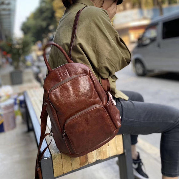 Ladies Anti Theft Leather Backpack Purse With Headphone Cable Hole Rucksack for Women Brown
