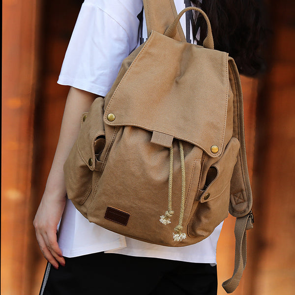 Ladies Canvas Drawstring Backpack Purse Travel Backpack Rucksack For Women Brown