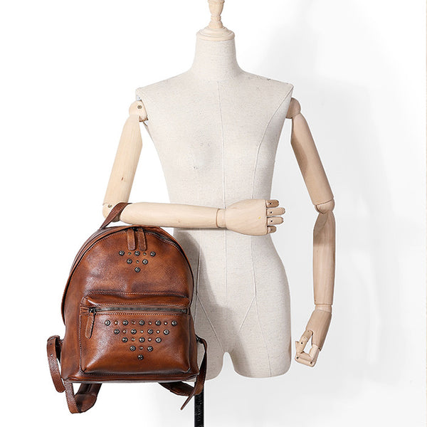 Ladies Designer Rivet Leather Backpack Bag Purse Cool Backpacks for Women Brown