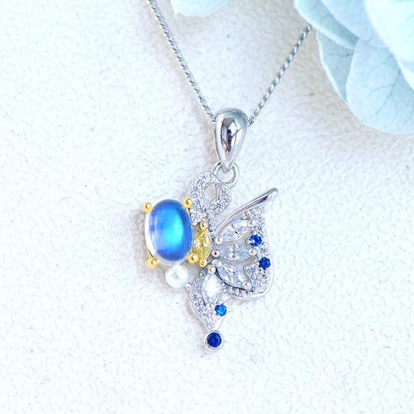 Ladies Gold Plated Silver Butterfly Moonstone Pendant Necklace For Women Accessories