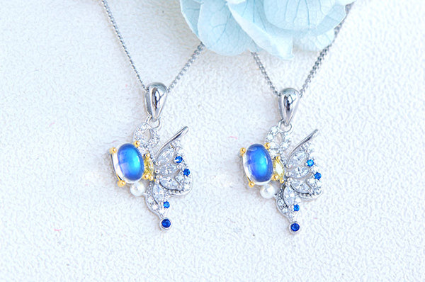 Ladies Gold Plated Silver Butterfly Moonstone Pendant Necklace For Women Chic