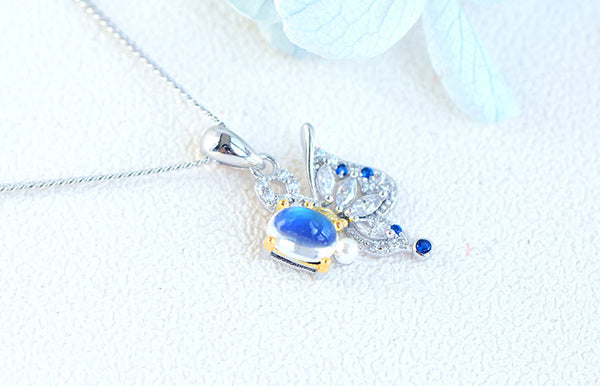 Ladies Gold Plated Silver Butterfly Moonstone Pendant Necklace For Women Cute