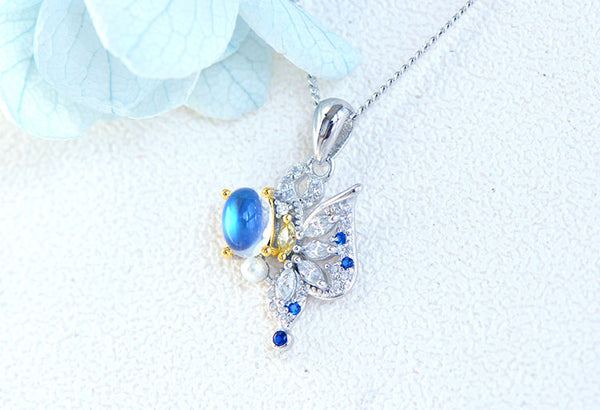 Ladies Gold Plated Silver Butterfly Moonstone Pendant Necklace For Women Details