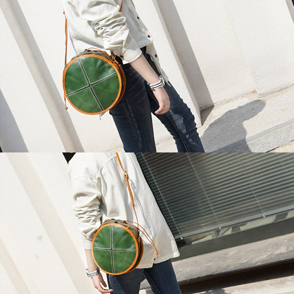 Ladies Green Leather Circle Bag Round Purse Small Crossbody Purse for Women Boutique