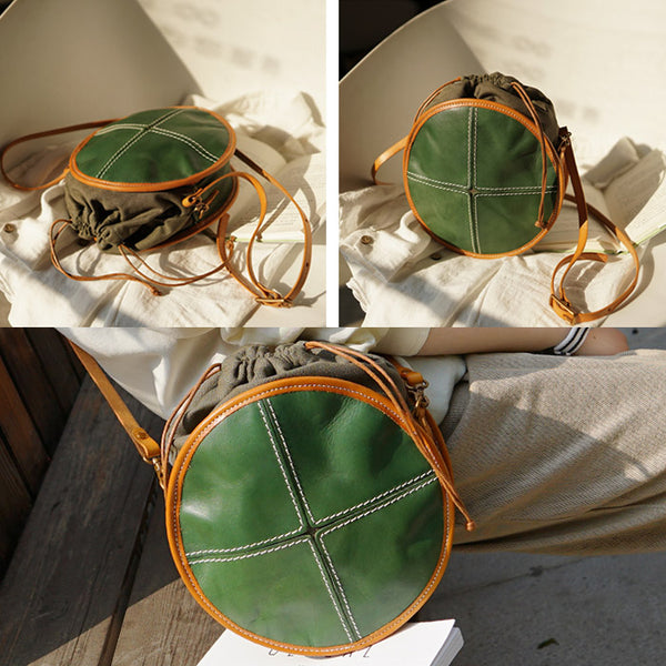 Ladies Green Leather Circle Bag Round Purse Small Crossbody Purse for Women Accessories