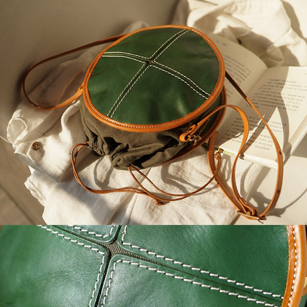 Ladies Green Leather Round Bag Circle Purse Casual Crossbody Bag for Women