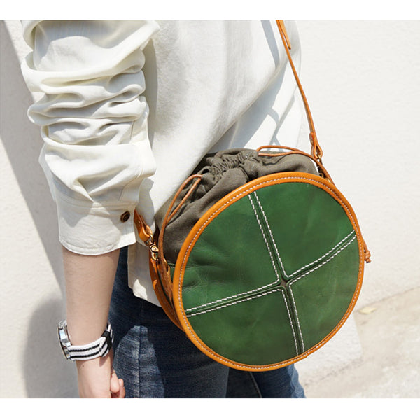 Ladies Green Leather Round Bag Circle Purse Casual Crossbody Bag for Women