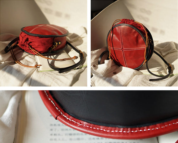 Ladies Leather Circle Bag Round Purse Small Crossbody Purse for Women Chic