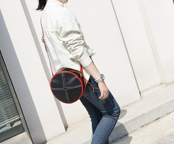 Ladies Leather Circle Bag Round Purse Small Crossbody Purse for Women Genuine Leather