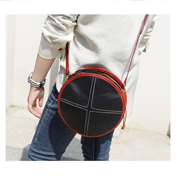 Ladies Leather Circle Bag Round Purse Small Crossbody Purse for Women cute