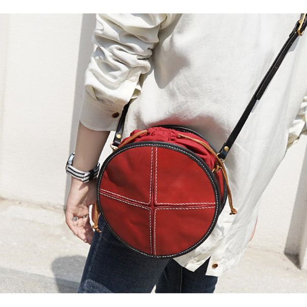 Ladies Leather Circle Bag Round Purse Small Crossbody Purse for Women