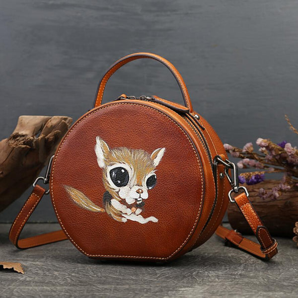 Ladies Leather Circle Bag With Hand-drawn Squirrel Side Bags For Women Accessories