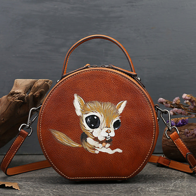 Ladies Leather Circle Bag With Hand-drawn Squirrel Side Bags For Women Best