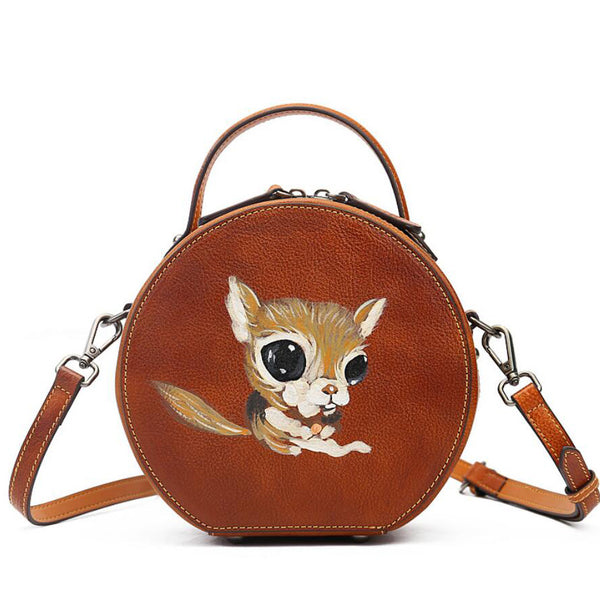 Ladies Leather Circle Bag With Hand-drawn Squirrel Side Bags For Women Brown