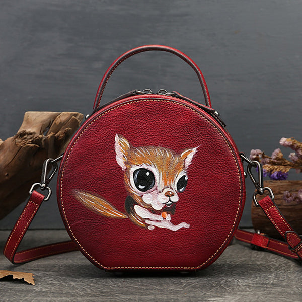 Ladies Leather Circle Bag With Hand-drawn Squirrel Side Bags For Women Chic
