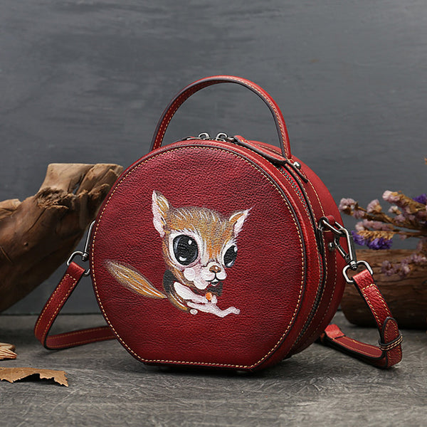 Ladies Leather Circle Bag With Hand-drawn Squirrel Side Bags For Women Cool