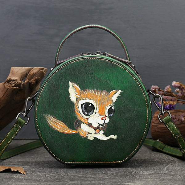 Ladies Leather Circle Bag With Hand-drawn Squirrel Side Bags For Women Designer