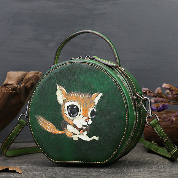 Ladies Leather Circle Bag With Hand-drawn Squirrel Side Bags For Women Durable