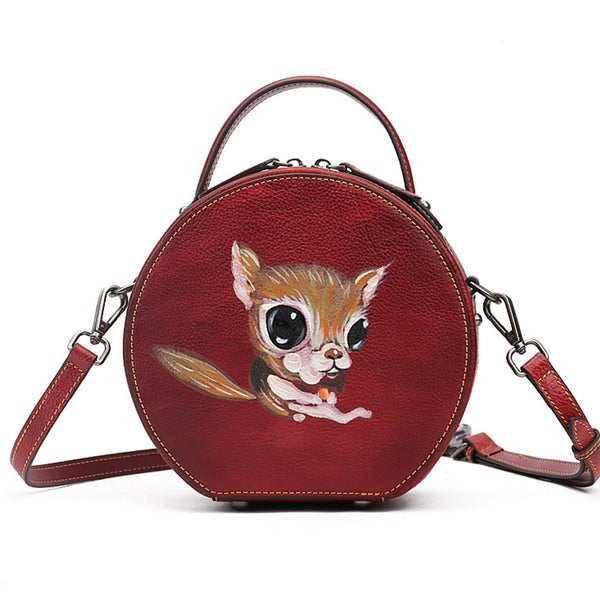 Ladies Leather Circle Bag With Hand-drawn Squirrel Side Bags For Women Fashion