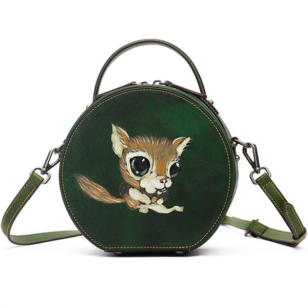 Ladies Leather Circle Bag With Hand-drawn Squirrel Side Bags For Women Funky