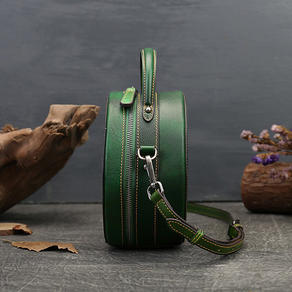 Ladies Leather Circle Bag With Hand-drawn Squirrel Side Bags For Women Mini