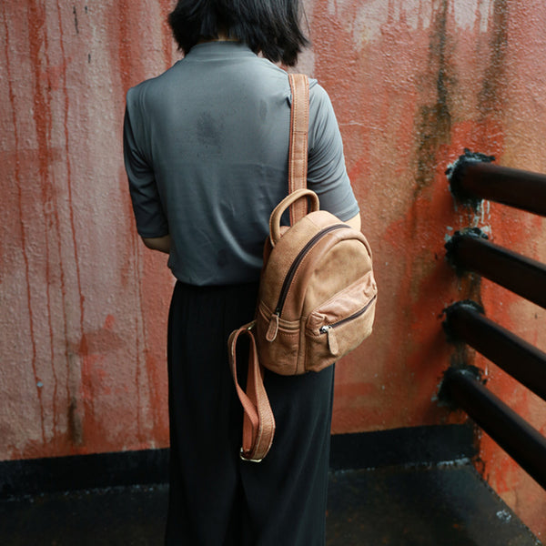 Ladies Mini Brown Leather Backpack Purse Back Bag Cute Backpacks for Women Vintage