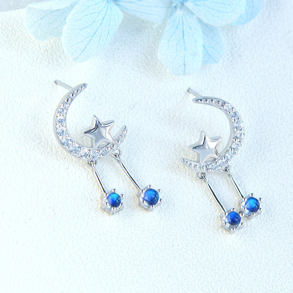 Ladies Moon Star Silver Blue Moonstone Stud Earrings June Birthstone Earrings For Women Accessories