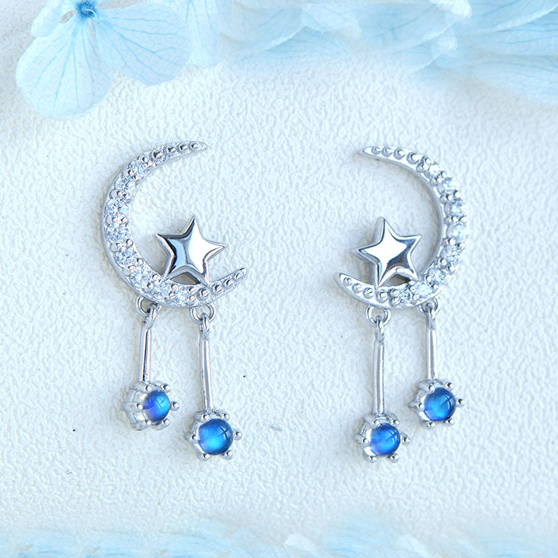 Ladies Moon Star Silver Blue Moonstone Stud Earrings June Birthstone Earrings For Women Affordable